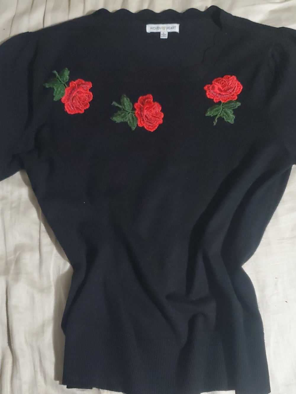 Woven Heart Black Short Sleeve Top with Red Rose Appliqués